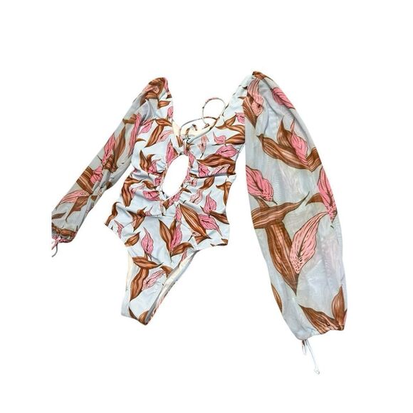 Boho Floral LongβSleeve Cutout Swimsuit Blue Pink One piece β Medium - Picture 10 of 11